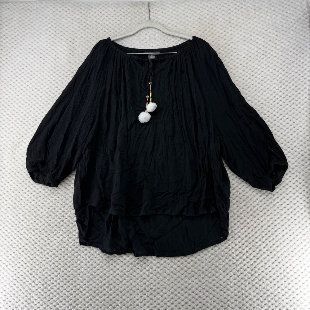 Chelsea & Theodore Black Rayon Peasant Blouse Top Pom Pom Detail XL‎